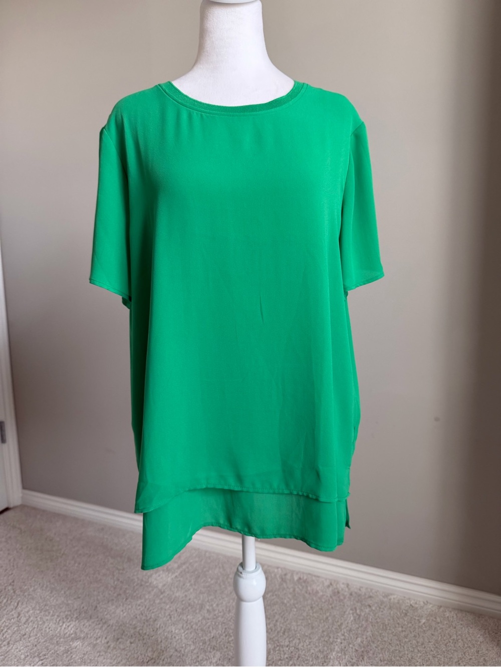 Hilary Radley Green Layered Silky Short Sleeve Tunic Blouse
